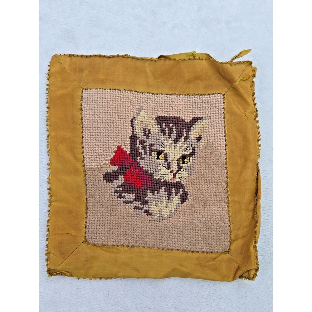 Vintage Finished Needlepoint Kitten with Bow Kitty Cat Completed Antique? Ribbon